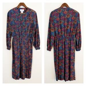 Talbots Vintage 90’s Floral Dot Midi Dress Blue Red Gold Size 8 Petite EUC
